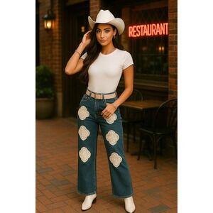 Mossimo Supply Co Jeans Size 7 Y2K Boho Crochet Patch Flare Denim Pants